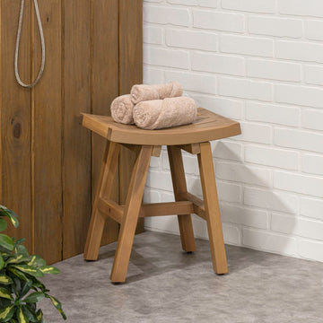 Tamlyn 15.75" Traditional Classic Slatted Solid Acacia Wood Indoor/Outdoor Shower Stool